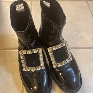 Roger Vivier Black Patent Leather Boots with Rhinestone Detail